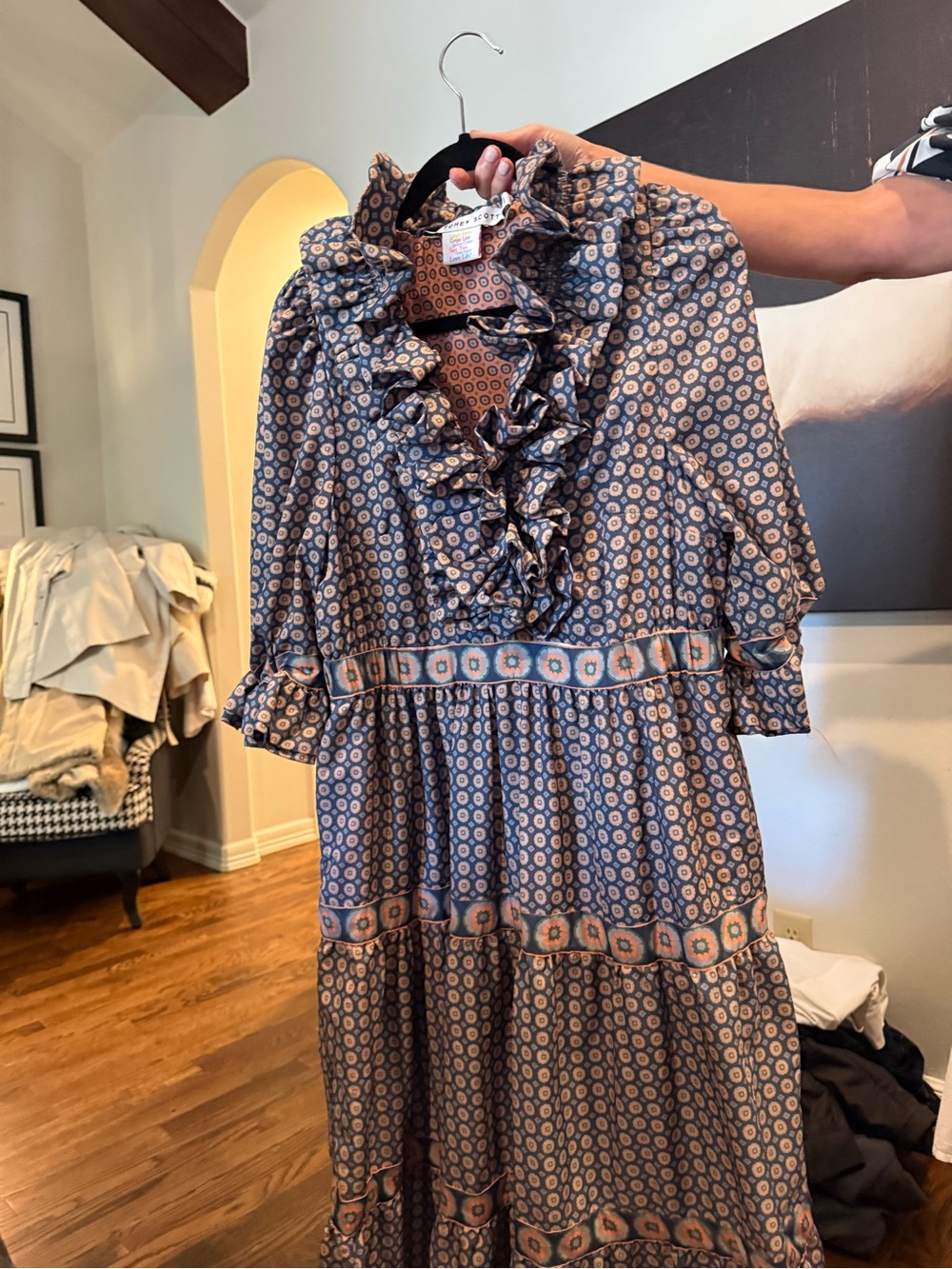 Gretchen Scott Designs Navy and Orange Tiered Maxi Dress with Ruffle V-Neck - Picture 3 of 5